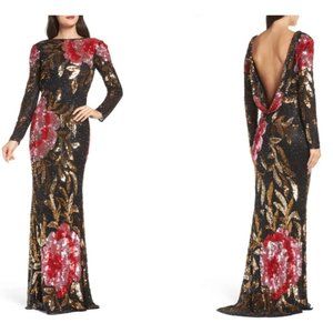 MAC DUGGAL Floral Sequin Long-sleeve Column Gown In Black/ Red Multi
